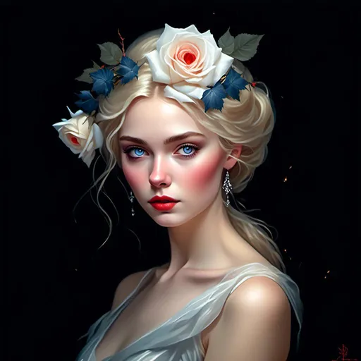 Prompt: Fairy tale, beautiful girl with white skin, (perfect face), light golden hair, blue pupils, red lips, forest style, mysterious, vintage fashion-dresses, with a transparent crystal crown on her head, the woman's body is so white Glows, (high detail) sitting on an oversized red rose, hyperdetail, ultra high definition.<mymodel>