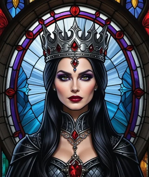 Prompt: an evil queen with a crown on her head in front of a stained glass window photo by alex klos, Anne Stokes, gothic art, highly detailed digital painting, a detailed drawing