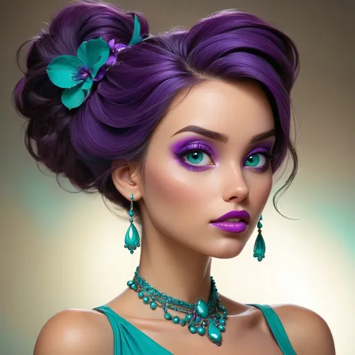 Prompt: Beautiful woman, purple and teal