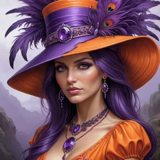 Prompt: a woman in a purple and orange dress and hat with a purple feathered hat on her head and a purple necklace, Anne Stokes, fantasy art, highly detailed digital painting, a detailed painting