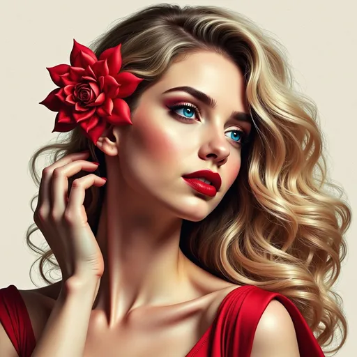 Prompt: a beautiful woman with long blonde hair wearing a red dress and a flower in her hair, with a red satin draped background, Charlie Bowater, fantasy art, highly detailed digital painting, a detailed painting