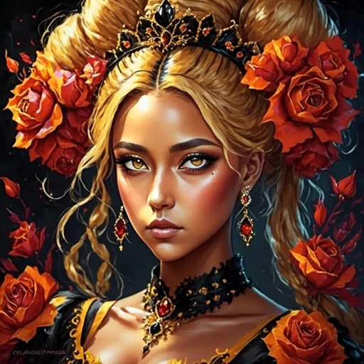 Prompt: <mymodel>Nataasha-Beautiful woman with flowers, oil painting, detailed fiery eyes, ethereal glow, dark and mysterious, high quality, vibrant colors, surreal, haunting, intricate floral details, intense gaze, mystical atmosphere, oil painting, demon, hybrid, fiery eyes, ethereal, vibrant colors, surreal, haunting, floral details, intense gaze, mystical atmosphere