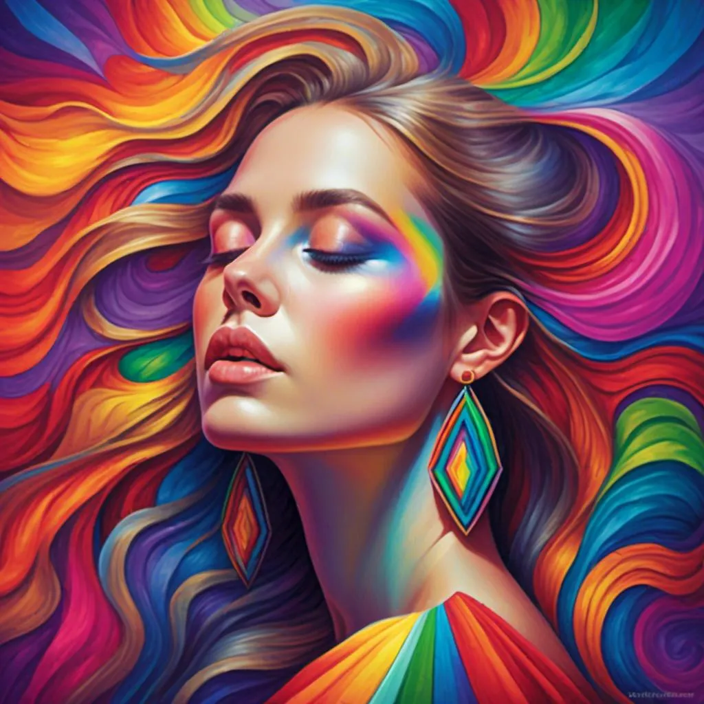 Prompt: <mymodel> a woman with a rainbow colored dress and earrings on her neck and her eyes closed, with a rainbow colored background, Artgerm, psychedelic art, affinity photo, a photorealistic painting