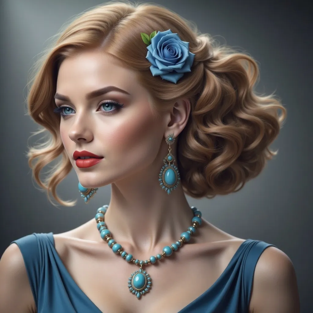 Prompt: <mymodel>An extremely gorgeous woman,  with turquoise jewels, in color scheme of turquoise and gold