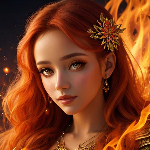 Prompt: fairy goddess, warm colors, fiery background, closeup