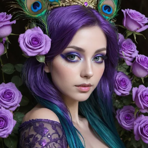 Prompt: <mymodel> peacock fairy goddess, purple roses, facial closeup