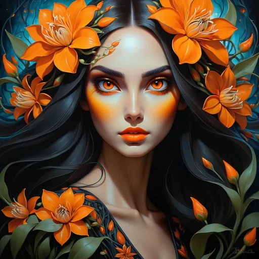 Prompt: Beautiful  hybrid woman with orange flowers sprouting from her, oil painting, detailed fiery eyes, ethereal glow, dark and mysterious, high quality, vibrant colors, surreal, haunting, intricate floral details, intense gaze, mystical atmosphere, oil painting, demon, hybrid, fiery eyes, ethereal, vibrant colors, surreal, haunting, floral details, intense gaze, mystical atmosphere