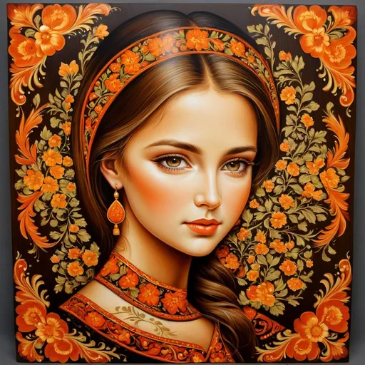 Prompt: wood painting, Khokhloma painting, young lady