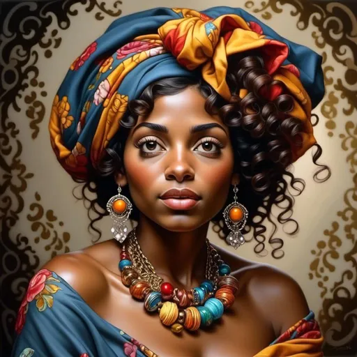 Prompt: a painting of a  black woman with a colorful head scarf on her head and a necklace on her neck and a necklace on her neck, Art Brenner, figurative art, highly detailed digital painting, a photorealistic painting <mymodel>