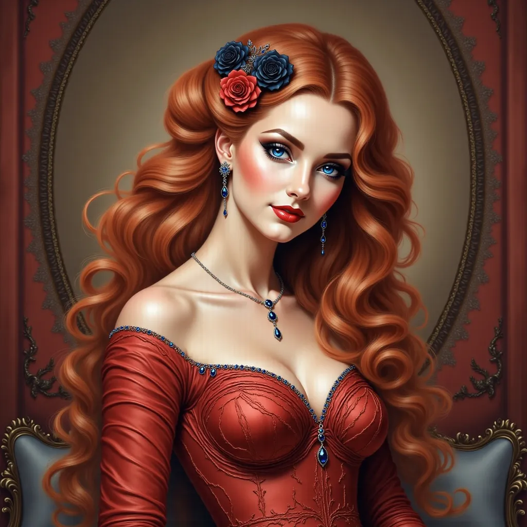 Prompt:  a woman with long red hair and a black rose in her hair, Anna Dittmann, gothic art, pre - raphaelite, an oil painting