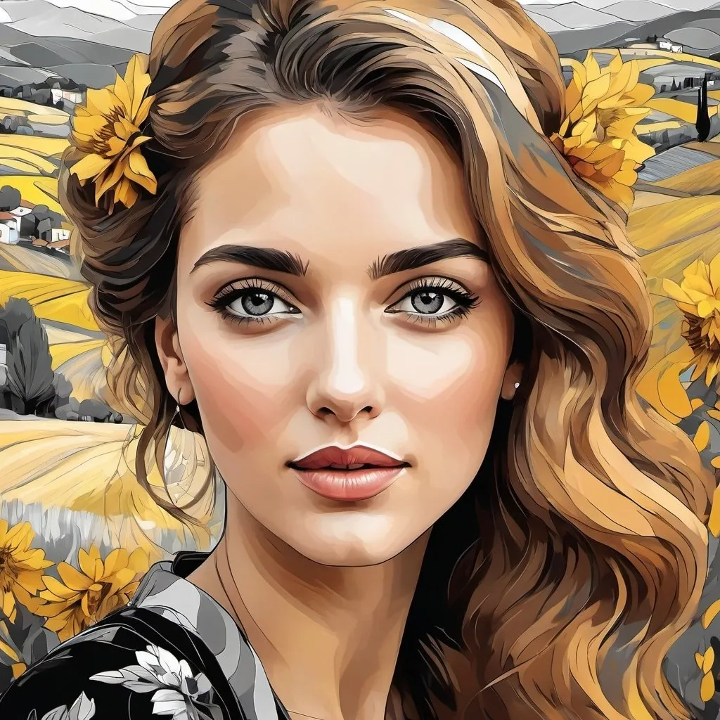 Prompt: <mymodel>Beautiful italian lady in an beautiful landscape of Umbrië, Style Flora Bowley and Vincent van Gogh,8k, dynamic lighting, ultra detailed