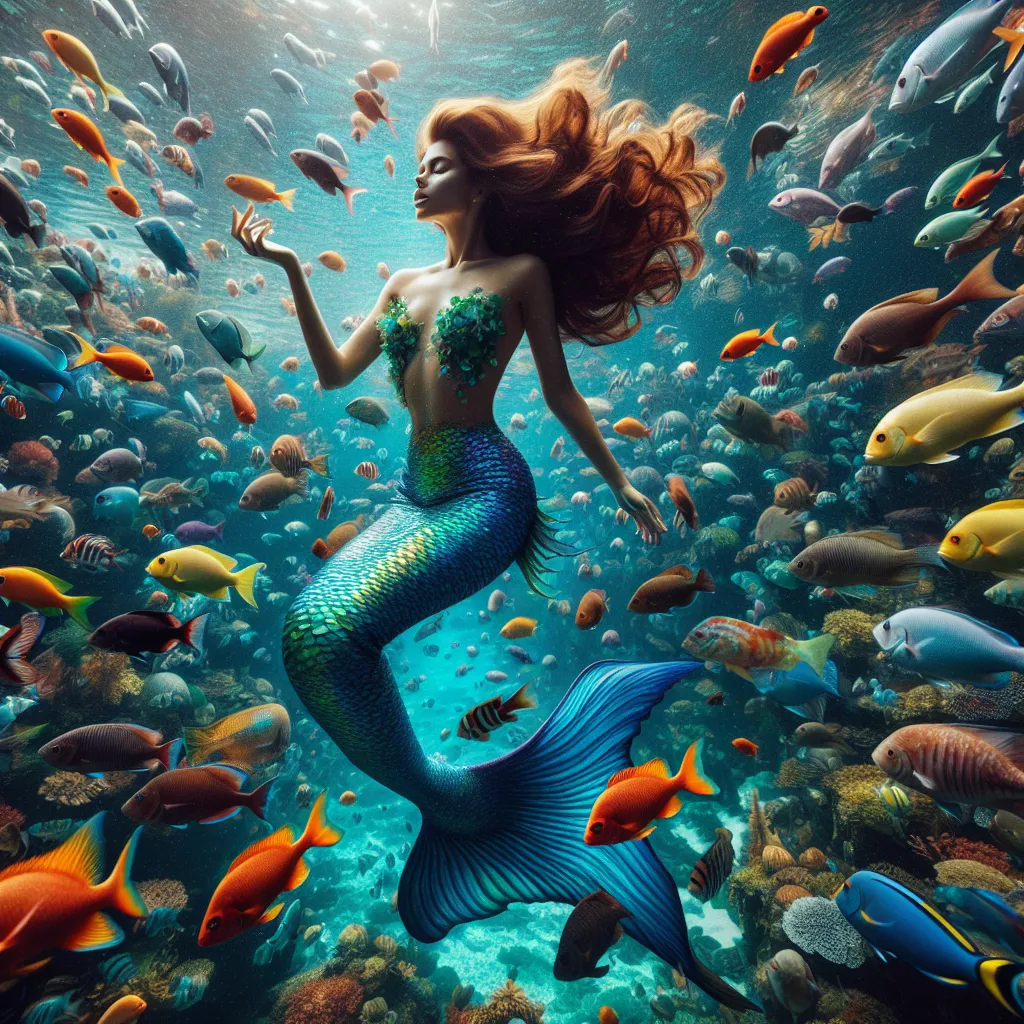 Prompt: a school of fish surrounding a mermaid