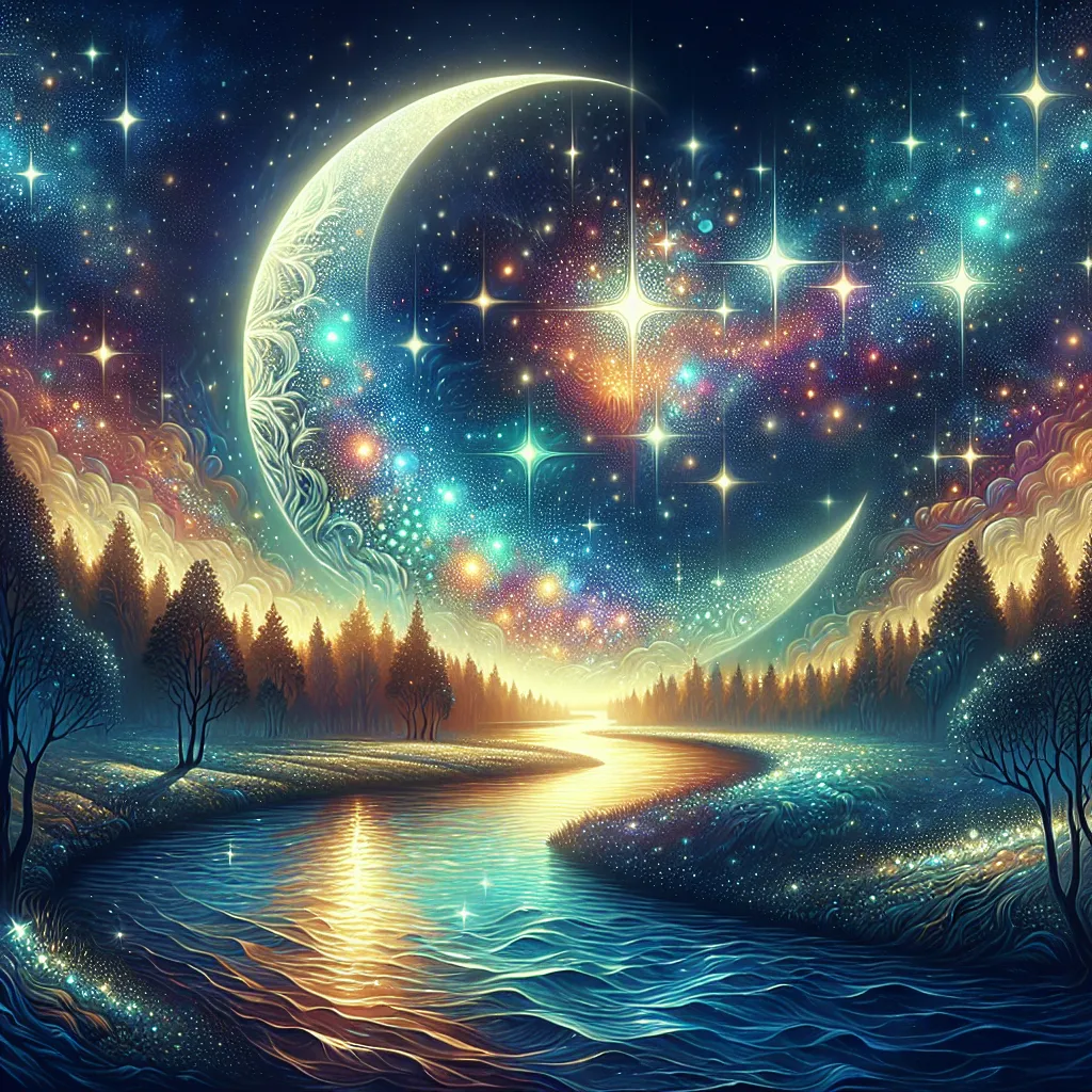 Prompt: a quirky, colorful painting of a night sky with a crescent and stars above a river and trees with a moon in the sky, Chris LaBrooy, fantasy art, highly detailed digital painting, a detailed painting