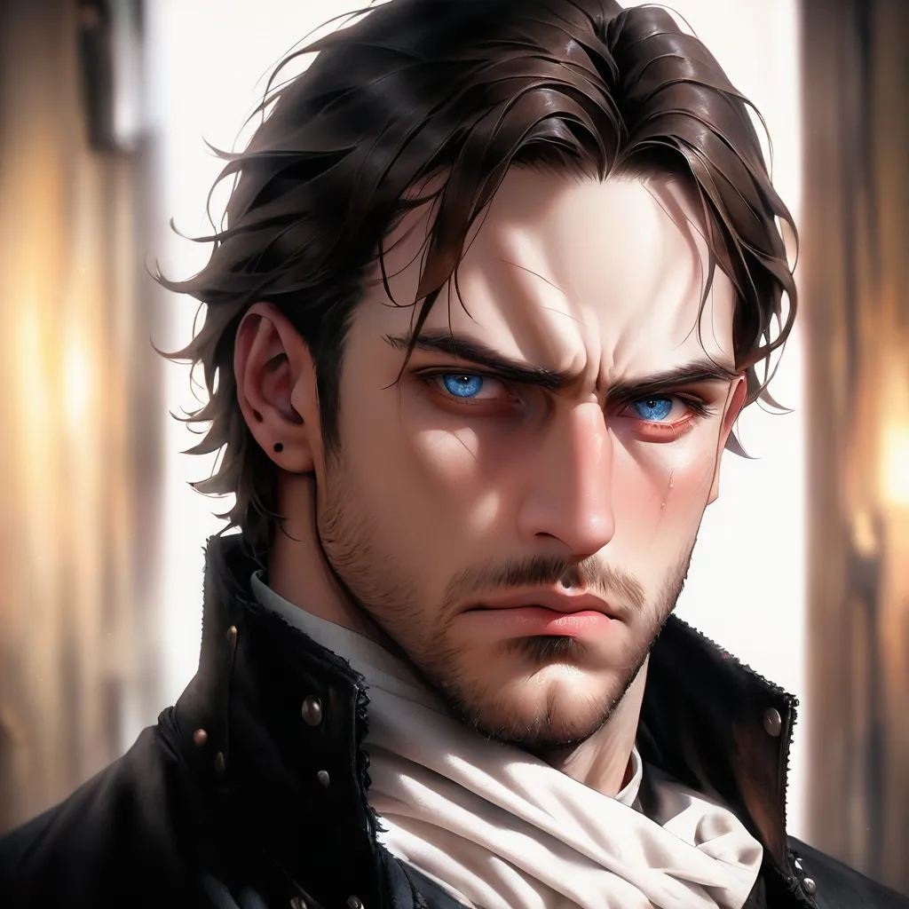 Prompt: Detailed oil painting of a rugged man with piercing eyes, dramatic lighting, realistic, intense gaze, moody atmosphere, high quality, oil painting, detailed features, strong jawline, expressive eyes, masculine, atmospheric lighting