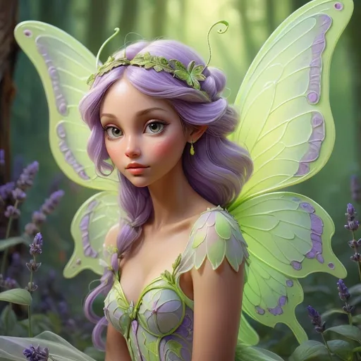 Prompt: lavender and lime green butterfly fairy, ethereal fantasy painting, delicate wings with intricate patterns, enchanting forest background, soft and dreamy atmosphere, high quality, fantasy, ethereal, pastel tones, detailed wings, magical, mystical, fairy, delicate, enchanting lighting