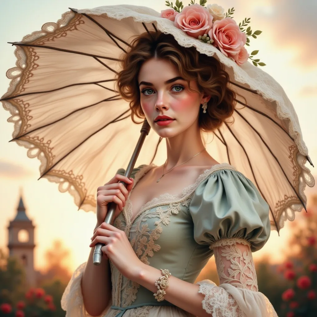 Prompt: Victorian woman in elegant attire, intricate lace details, large ornate hat, holding a parasol, soft pastel colors, romantic ambiance, high resolution, full of intricate textures, floral background with a vintage feel, warm sunset lighting, showcasing beauty and grace in a historical setting, ultra-detailed, capturing the essence of the Victorian era.
