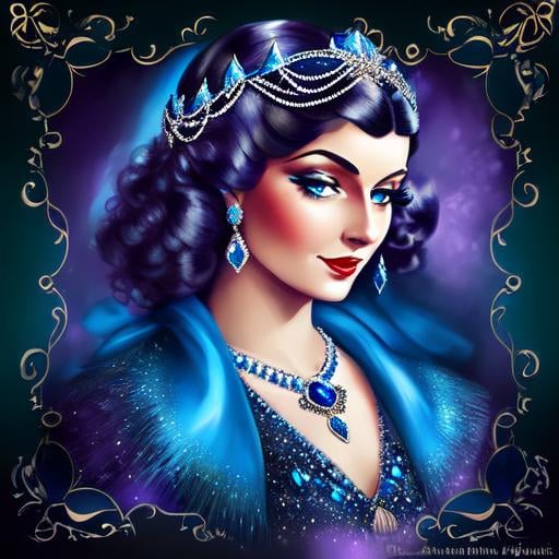 Prompt: Glamorously dressed lady of rhe 1930's wearing sapphire jewelry,blue eyes