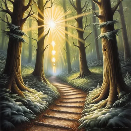 Prompt: a painting of a path leading to a christmas tree in the woods with a sun shining through the trees, Anne Stokes, magical realism, magical, a storybook illustration