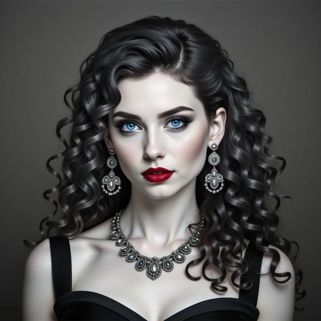 Prompt: a woman with long hair wearing a necklace and earrings with a red lipstick on her lips and a black dress, Carla Wyzgala, gothic art, highly detailed digital painting, a photorealistic painting