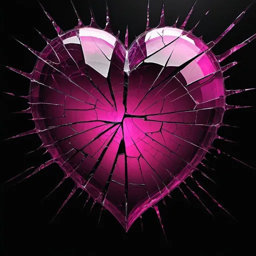 Prompt: Cracked heart, digital art, shattered glass effect, high quality, abstract, moody lighting, magenta