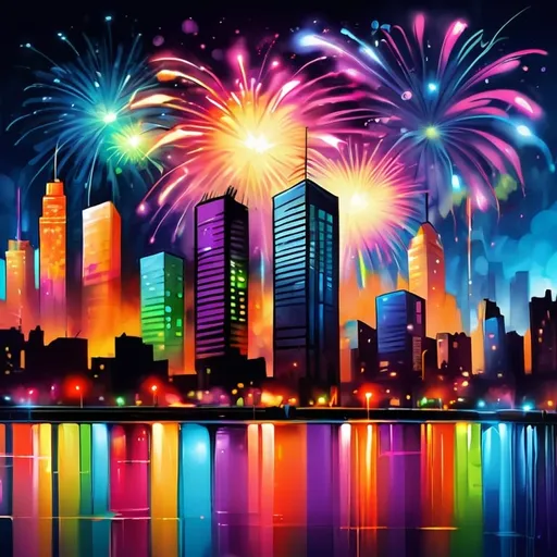 Prompt: cityscape with fireworks, high quality, graffiti style, vibrant tones, urban lighting