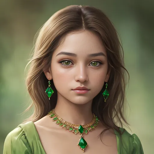 Prompt: Detailed realistic digital portrait of a young girl, brown eyes, emerald jewelry