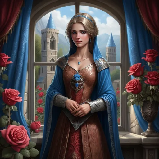 Prompt: a princess in a 12th century dress standing in front of a window with roses around her and a blue shawl, Anne Stokes, fantasy art, highly detailed digital painting, a character portrait