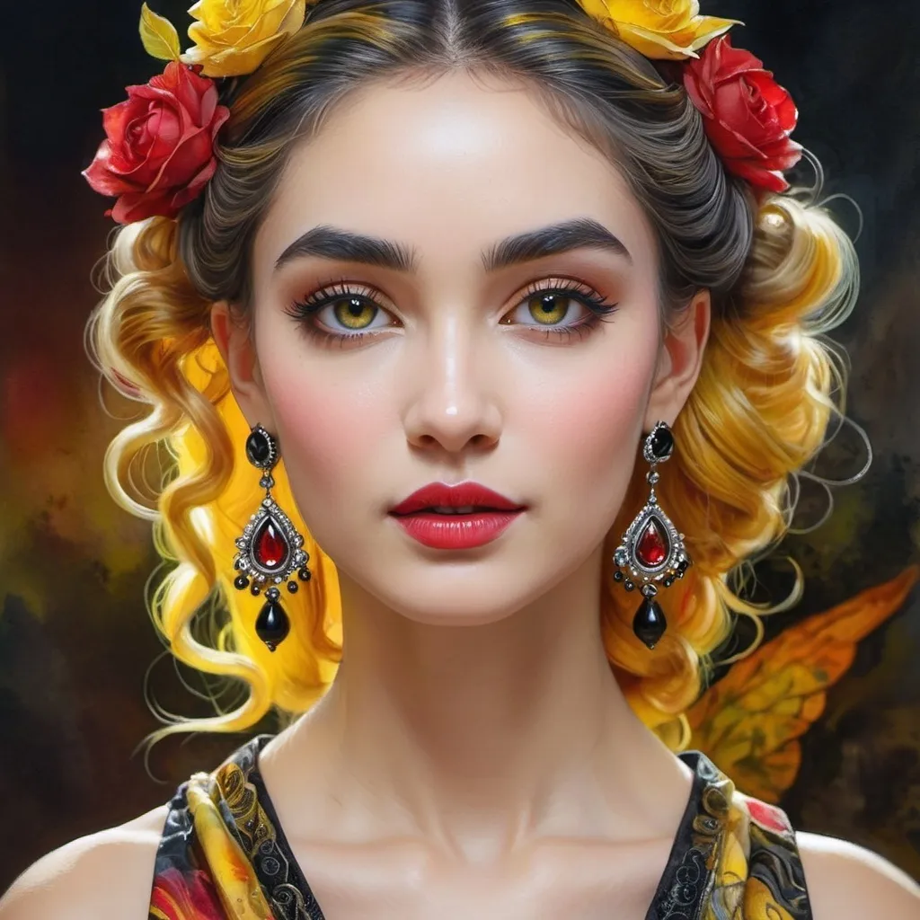 Prompt: <mymodel> beautiful woman, hair pinned up, yellow red black dress, earrings, Watercolor, trending on artstation, sharp focus, studio photo, intricate details, highly detailed, by  Josephine Wall and Jasmine Becket-Griffith