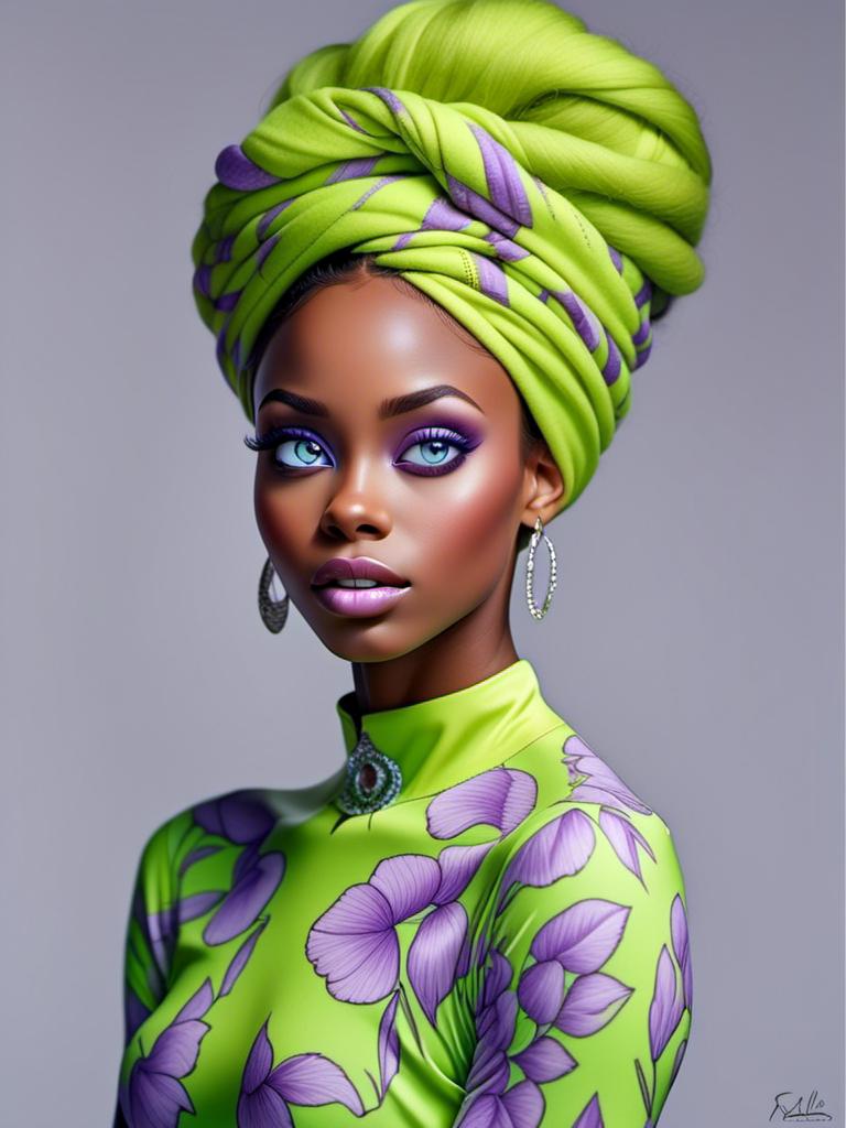 Prompt: A portrait of a beautiful black woman with colors of purple and lime green<mymodel>