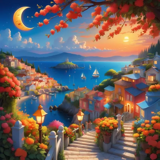Prompt: Beneath a vibrant sky lit by a large, glowing sun and a crescent moon, a charming seaside village bursts with color and life. Houses in warm oranges, yellows, and blues ascend gently along winding paths, framed by lush greenery and blooming flowers, while a staircase leads towards a garden filled with red blossoms. In the harbor, small boats sail smoothly across the shimmering water, their white sails catching the evening light. Above, a magnificent display of fireworks erupts in a cascade of colorful sparks, infusing the tranquil scene with a festive atmosphere that suggests celebration and joy. The overall mood reflects a harmonious blend of nature and manmade beauty, capturing a serene yet lively coastal community under a stunning sunset.