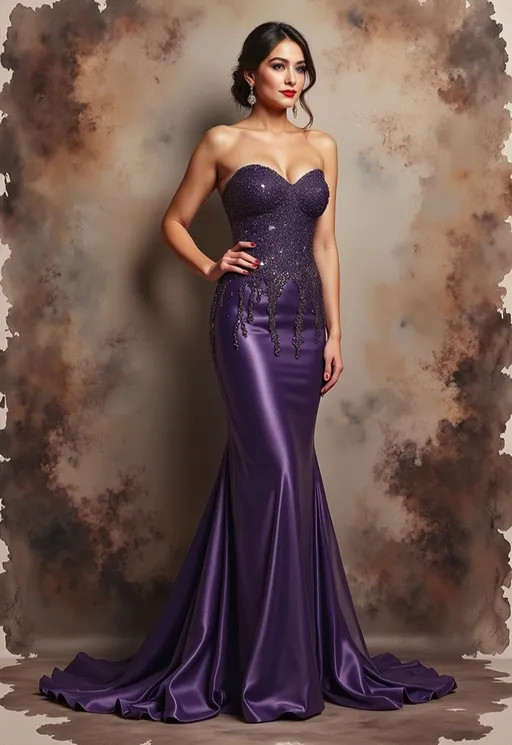 Prompt: This is a photograph of a woman standing against a textured, brown, abstract backdrop. She is wearing an elegant, strapless, deep purple evening gown that is form-fitting at the top and flares out into a long, flowing train at the bottom. The gown is adorned with intricate, sparkling embellishments that run vertically along the bodice and down the sides of the skirt, adding a touch of glamour. The woman has dark brown hair styled in a sleek, low bun with a few loose strands framing her face. She is wearing dramatic, dark red lipstick and subtle eye makeup, enhancing her features. Her right hand rests gently on her hip, while her left hand hangs by her side. She is also wearing large, dangling earrings that add to her sophisticated look. The texture of the gown is smooth and silky, catching the light and creating a slight sheen. The backdrop has a mottled, painterly texture with swirls and gradients of brown, which contrasts with the rich purple of the dress. The overall composition is elegant and formal, emphasizing the beauty and detail of the gown and the poised, confident stance of the woman.