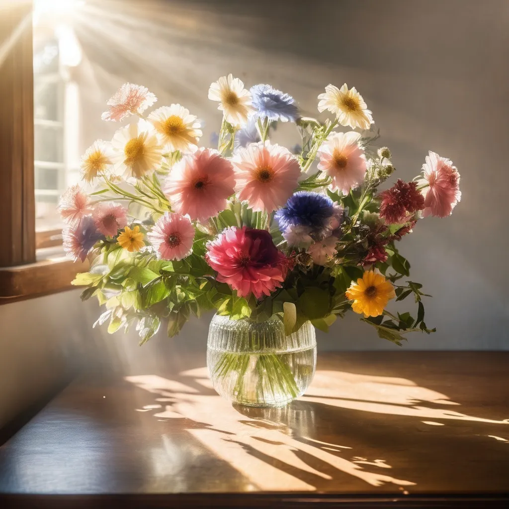 Prompt: A vase  of flowers on a table  with soft sunlight beams shining on it