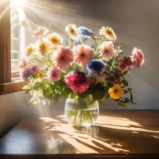 Prompt: A vase  of flowers on a table  with soft sunlight beams shining on it