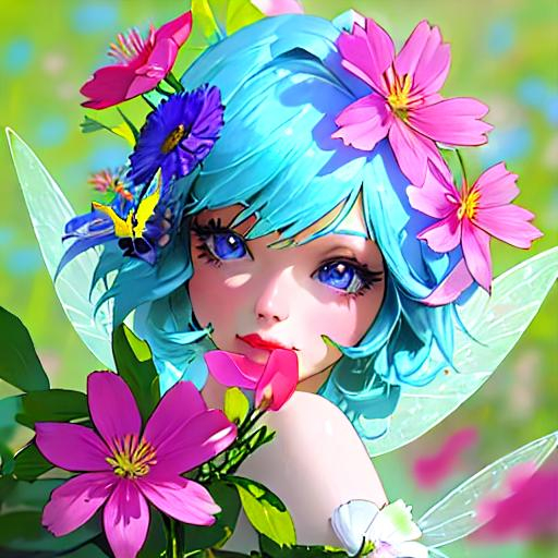 Prompt: a fairy of spring, ,wildflowers, vivid colors,  facial closeup