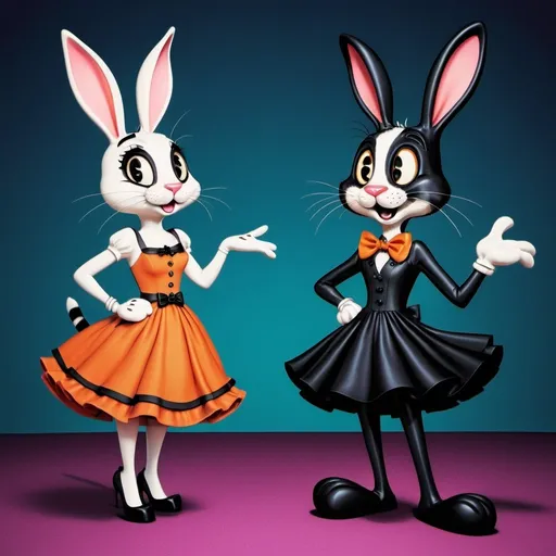 Prompt: <mymodel>Funny illustration of a anthropomorphic rabbit and cat in beautiful dresses , Tim Burton style eyes, bright and colorful, whimsical bright colorful background, comical expressions, high quality, detailed fur, playful, cartoonish, vibrant colors, imaginative lighting