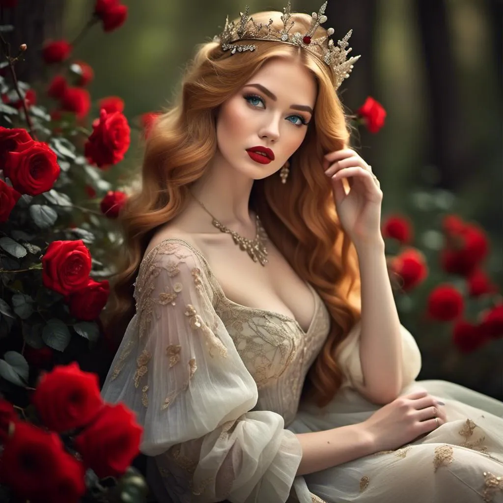 Prompt: <mymodel>Fairy tale, beautiful girl with white skin, (perfect face), light golden hair, blue pupils, red lips, forest style, mysterious, vintage fashion-dresses, with a transparent crystal crown on her head, the woman's body is so white Glows, (high detail) sitting on an oversized red rose, hyperdetail, ultra high definition.<mymodel>