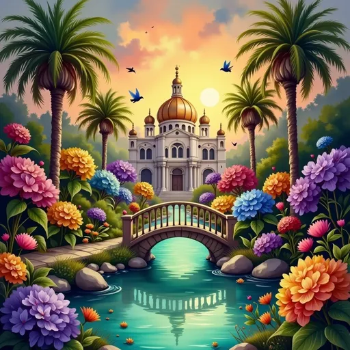 Prompt: This vibrant digital illustration depicts a fantastical garden scene at sunset. The central focus is a grand, white, domed temple with intricate architectural details, including arched windows and a large, central entrance. The temple is illuminated by the golden rays of the setting sun, which creates a radiant halo effect in the sky above. Surrounding the temple are lush, green palm trees that frame the scene, their fronds fanning out gracefully.

In the foreground, a small, arched stone bridge with a golden roof spans a calm, turquoise canal that reflects the warm hues of the sunset. The bridge is adorned with colorful flowers, including vibrant purple, pink, yellow, and blue hydrangeas, as well as smaller, scattered blossoms. On either side of the bridge, the garden is densely populated with a variety of blooming flowers and greenery, adding layers of texture and color to the scene.

The background features a dense forest of trees, fading into a soft, misty blue as the eye moves outward. Birds are silhouetted against the colorful sky, adding a sense of movement and life to the tranquil setting. The overall style is whimsical and surreal, with a rich, colorful palette and detailed, fantastical elements.