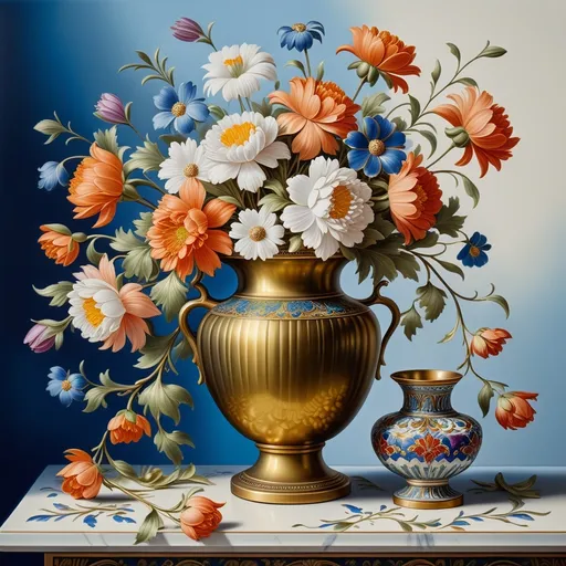 Prompt: a painting of a brass vase with flowers in it on a table top with a blue background and a white wall, Anton Graff, cloisonnism, highly detailed oil painting, a fine art painting