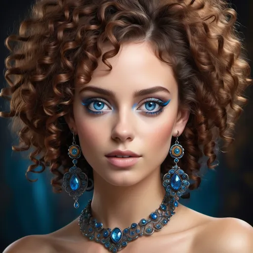 Prompt: Vibrant and striking, the artwork captures a portrait of a woman with vividly colored curly hair that showcases deep brown tones interspersed with hints of blue. Her large, expressive blue eyes are accentuated by bold eyeliner, and her flawless skin glows with a soft sheen, emphasizing her delicate features. Finely crafted earrings, adorned with intricate patterns and blue gemstones, dangle elegantly from her ears, adding a touch of sophistication. The background is a gentle wash of soft blues, evoking a dreamy atmosphere that complements the subject’s elegance. Overall, the image conveys a sense of beauty and confidence, drawing the viewer into its enchanting allure.