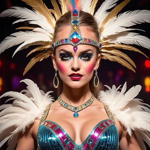 Prompt: (flamboyant show girl), vibrant colors, sparkling costumes, elaborate feathered headdress, dramatic lighting, dynamic pose, glamorous stage setting, intense spotlight, captivating expression, luxurious sequins, high-energy, lively background, circus-inspired ambiance, ultra-detailed, high quality, electrifying atmosphere, vivid emotional depth.