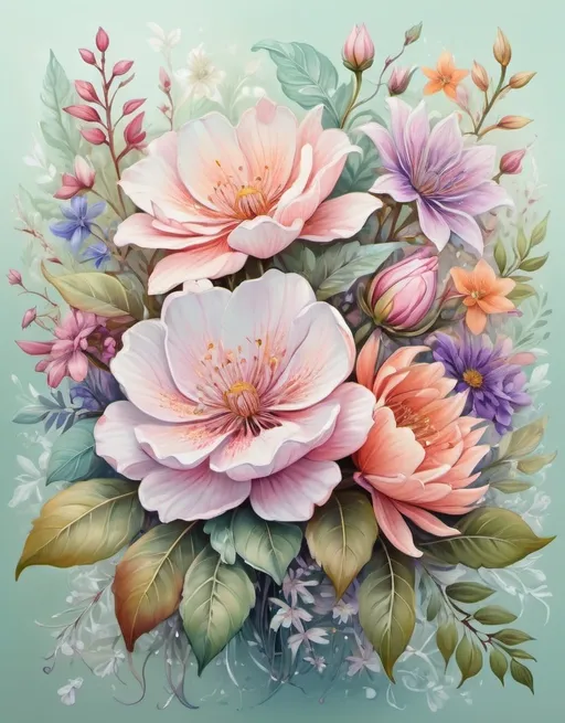 Prompt: (flora-inspired masterpiece), (vibrant colors), intricate floral patterns, lush blossoms, soft petals, enchanting botanicals, delicate details, tranquil ambiance, refreshing freshness, (highly detailed), dreamlike composition, nature's elegance, harmonious design, uplifting atmosphere, serene background, botanical wonderland.