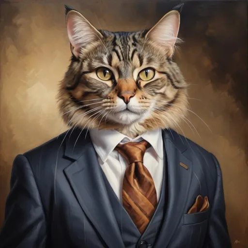 Prompt: Tabby cat in a tailored suit, realistic oil painting, confident stance, detailed whiskers and fur, high quality, professional, classic style, warm tones, dramatic lighting