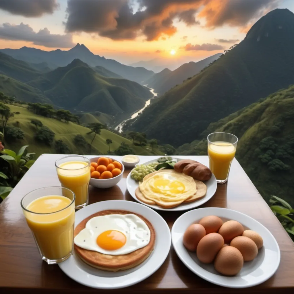 Prompt: Hola necesito que me ayudes con una imagen desayuno colombiano

Ahora acomóda la imagen quítame al señor y centra bien el desayuno

De fondo un paisaje 


Has el día más solidado y la comida más provocativo

Quita distracción del paisaje y solo enfócate en el desayuno y el paisaje en la imagen