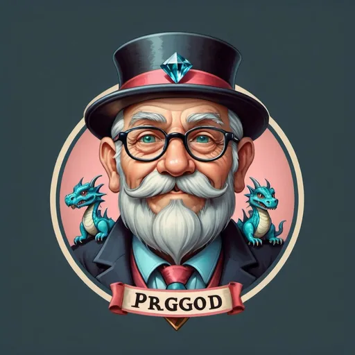 Prompt: vintage logo for a brand. There is an old cool old man around 80. Nice blue grey moustache and beard, He has some glasses and a little smile on his face. he has a diamond earring on his right ear. He looks nice and friendly.  The logo is classical and vintage in some soft pastel colors like blue, green or pink. He has a  black top hat with a diamond in the center. He has one little red dragon on one shoulder.