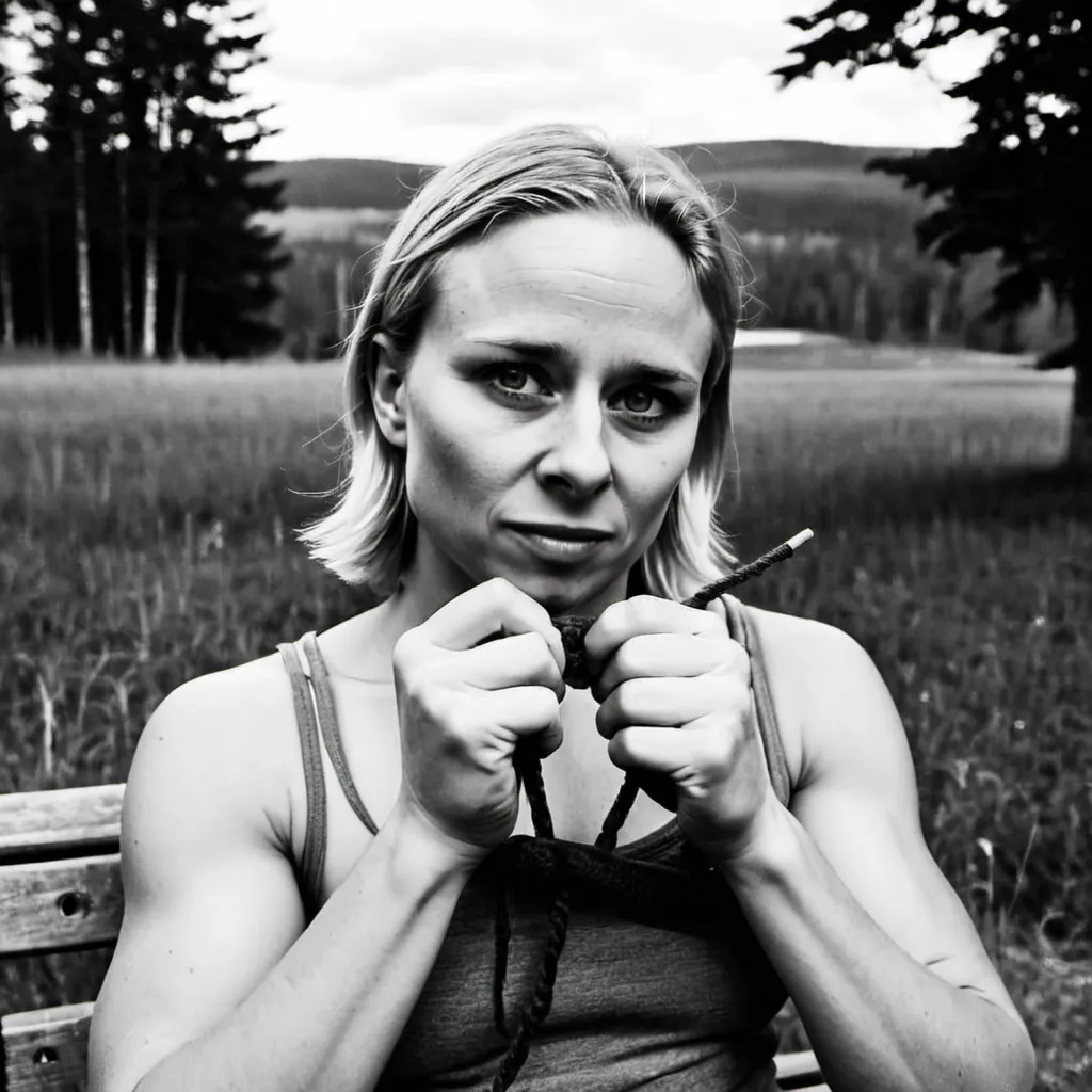 Prompt: Make a picture of this girl knitting with very muscular arms. Sitting on a wooden bench in front of a Hälsingegård in Hälsingland.