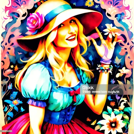 Prompt: Fantasy illustration of a kawaii gypsy woman in the style of Alice in Wonderland, vibrant and whimsical color palette, dreamy and surreal atmosphere, detailed floral patterns, flowing and ethereal fabrics, high quality, fantasy, Alice in Wonderland style, vibrant colors, whimsical, surreal, detailed patterns, ethereal fabrics, dreamy atmosphere, kawaii, gypsy