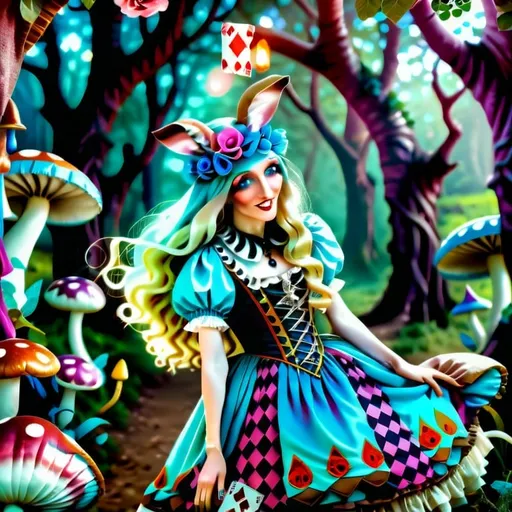 Prompt: Goth mystical  kawaii gypsy woman in the style of Alice in Wonderland, vibrant and whimsical color palette, dreamy and surreal atmosphere, detailed floral patterns, flowing and ethereal fabrics, high quality,  big doe blue eyes , Alice in Wonderland style, vibrant colors, whimsical, surreal, detailed patterns, ethereal fabrics, dreamy atmosphere, kawaii, gypsy