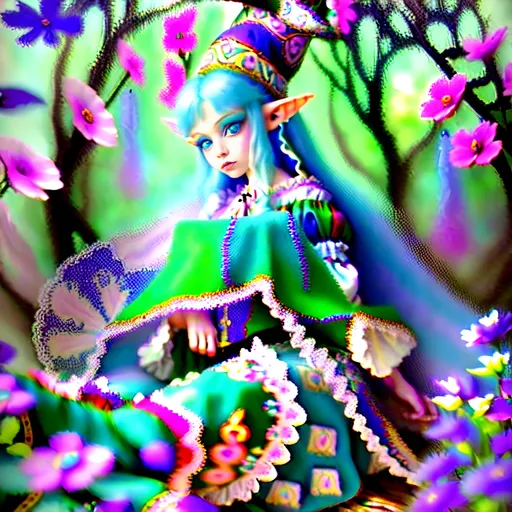 Prompt: Elf ranger mystical  kawaii gypsy woman in the style of Alice in Wonderland, vibrant and whimsical color palette, dreamy and surreal atmosphere, detailed floral patterns, flowing and ethereal fabrics, high quality,  big doe blue eyes , Alice in Wonderland style, vibrant colors, whimsical, surreal, detailed patterns, ethereal fabrics, dreamy atmosphere, kawaii, gypsy