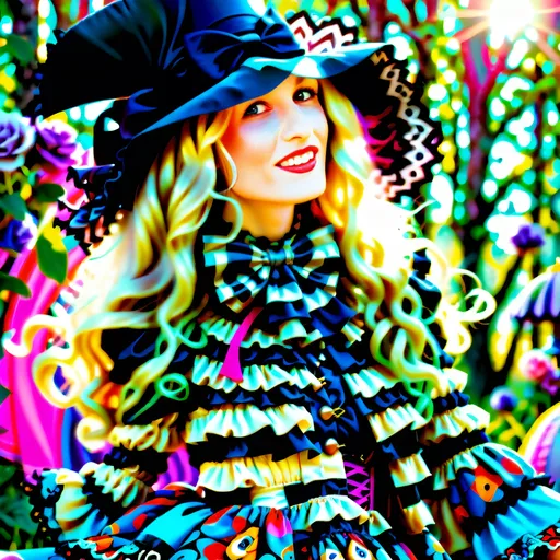 Prompt: Goth mystical  kawaii gypsy woman in the style of Alice in Wonderland, vibrant and whimsical color palette, dreamy and surreal atmosphere, detailed floral patterns, flowing and ethereal fabrics, high quality,  big doe blue eyes , Alice in Wonderland style, vibrant colors, whimsical, surreal, detailed patterns, ethereal fabrics, dreamy atmosphere, kawaii, gypsy