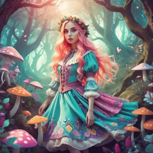 Prompt: Elf ranger in a mystical forest around sunlightFantasy illustration of a kawaii gypsy woman in the style of Alice in Wonderland, vibrant and whimsical color palette, dreamy and surreal atmosphere, detailed floral patterns, flowing and ethereal fabrics, high quality, fantasy, Alice in Wonderland style, vibrant colors, whimsical, surreal, detailed patterns, ethereal fabrics, dreamy atmosphere, kawaii, gypsy